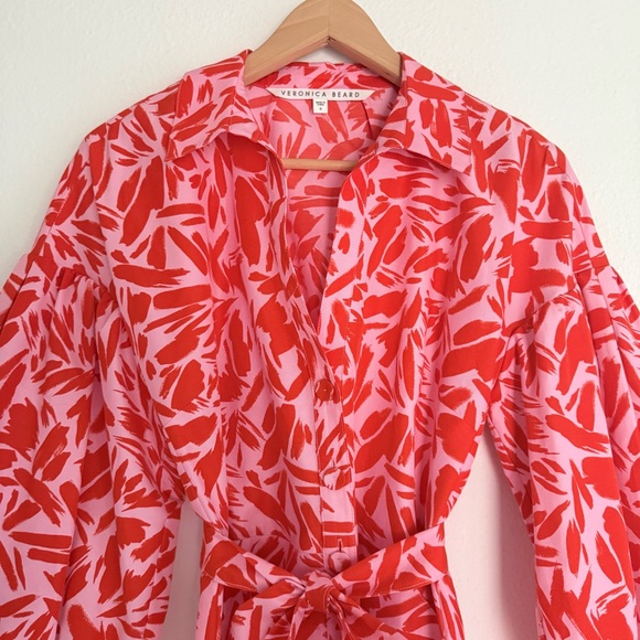 Veronica Beard Samy Mini Dress Poppy Multi Pink Red Shirt 3/4 Sleeve Button US 6 - Picture 9 of 16